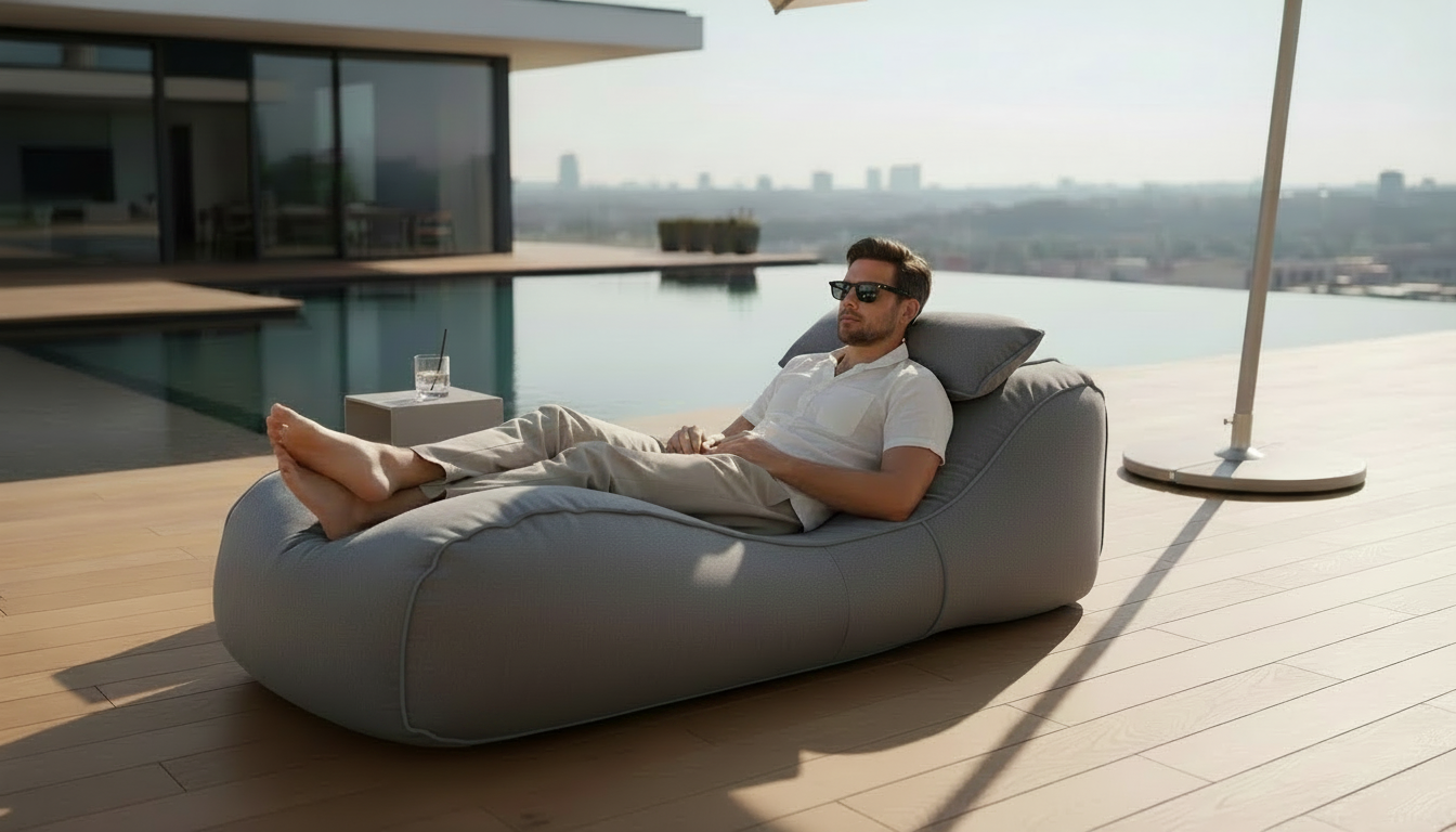 Hombre relajado en Sun Lounger Patio Edition color gris de la marca Lounger MX, ubicado en un deck de madera con alberca infinity y sombrilla minimalista. Mueble suave de exterior sin estructura rígida confeccionado con tela premium Sunbrella resistente a rayos UV.